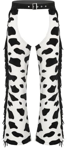 Rswnyirn Mens Suede Fringe Western Cowboy Chaps Flannel Opening Crotch Pants Halloween Cosplay Costume Black White Large
