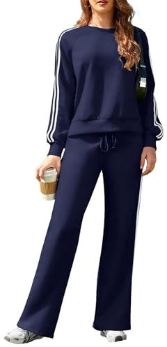 SHEKINI Tracksuit Womens Full Set Autumn Lounge Wear Sets Contrast Striped Casual Crew Neck Pullover Tops Wide Leg Jogging Pants Two Piece Travel Track Suit with Pockets