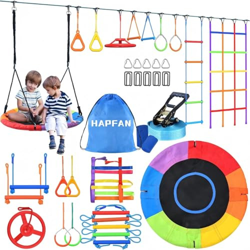 Hapfan NINJA Slackline - Altalena per bambini, 15 m, set per esterni, con puleggia, ninja parcours per bambini, giardino con altalena, struttura per arrampicata, palestra, anello per albero (blu)