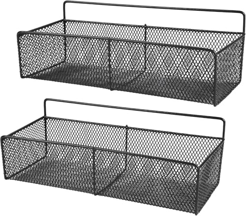 Hynorian Juego de 2 cestas de pared de metal, sin taladrar, cesta colgante para cocina y baño, cesta de alambre, cesta de metal, color negro, organizador de cocina, para especias, champú, suministros