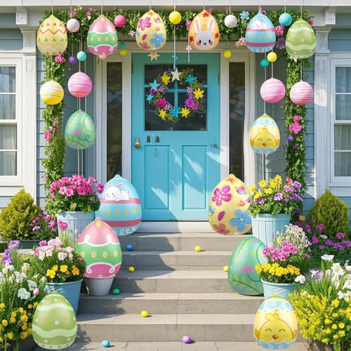 Wlicon 16 Piezas 23 cm, 40 cm Globo Inflable de Huevos de Pascua Decoración de Huevos inflables de Color para Patio jardín Fiesta de Vacaciones decoración del hogar