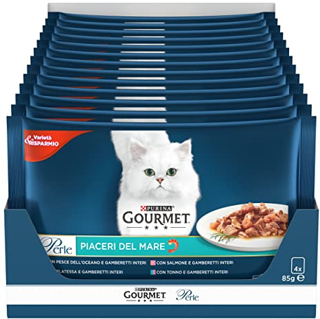 Purina Gourmet Perle Piaceri del Mare Umido Gatti con Salmone, Platessa, Tonno e Pesce dell'Oceano, 48 buste da 85g