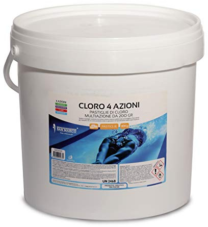San Marco pastiglie multifunzione per piscina, trattamento 4 in 1: clorante, antialghe, stabilizzante del Ph e Flocculante per Acqua di Piscine disponibile in diversi formati da 1,5,10,25 kg (10 kg)