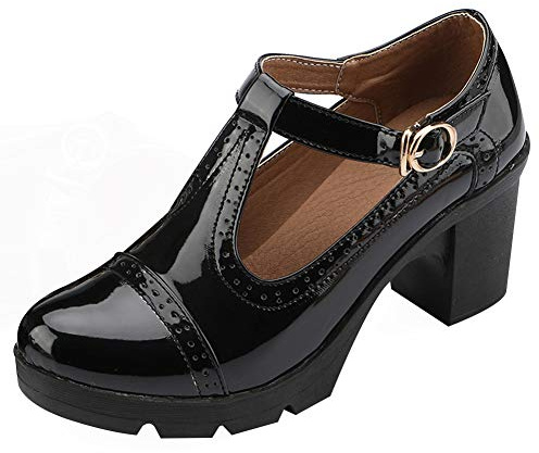 ANUFER Damen Mittlerer Blockabsatz T-Riemen Brogues Pumps Mary Janes Uniform Büro Abendschuhe Schwarz SN020216 EU35