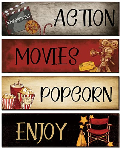 Yalikop 4 Pcs Movie Theater Wall Decor Wooden Signs, 11 x 3 Inch