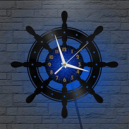 YH Orologio da parete in vinile con decorazione della barca del timone, orologio da parete in vinile silenzioso e senza ticchettio(12 pollici B con LED)