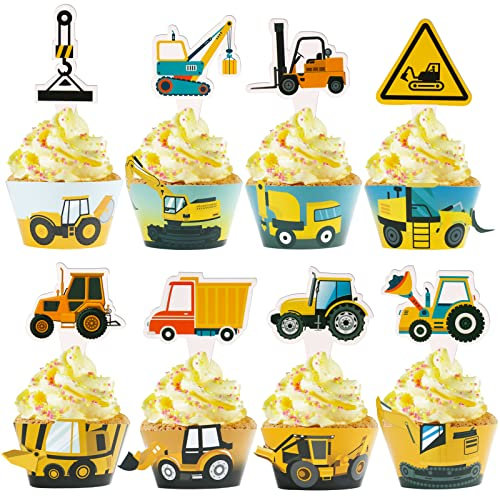 48pcs Decoración de Cupcakes Estilo Construcción de Vehículo Adorno Toppers de Tartas Envoltorios para Cupcakes Magdalenas Pastel