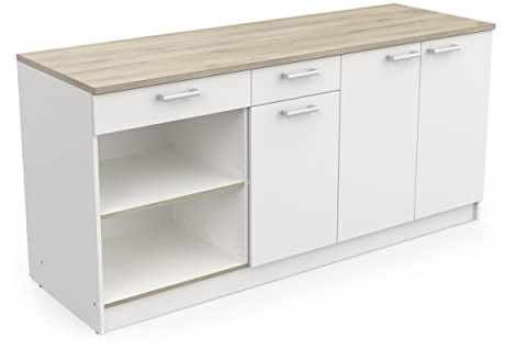 Meuble sous Evier Cuisine Bas 3 Portes 2 Tiroirs et 1 Niche – Cooking – Coloris Blanc & Chêne – 60 x 180 x 85,2 cm