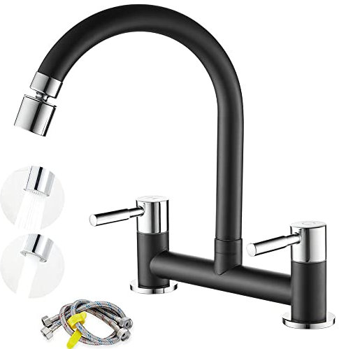 Maynosi Kitchen Sink Mixer Tap, Kitchen Bridge Mixer Tap, 2 Hole (180 mm Centers) Deck Mounted Faucet, Twin Levers Faucet with 2 Function Aerator, 1/4 Turn, 360° Swivel Spout, Brass, Matte Black