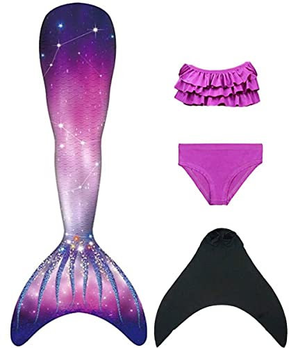 NAITOKE meerjungfrauenflosse mädchen Badeanzug - Meerjungfrau Flosse Bademode mit Bikini Set und Monoflosse Mermaid Tail, 4 Stück Set,POOAC,150