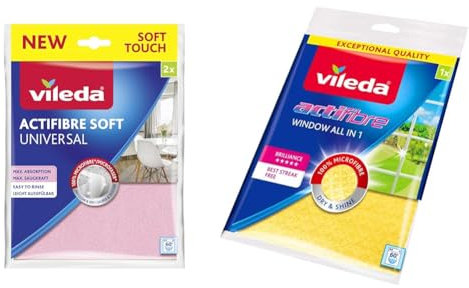 Vileda Actifibre Soft Universale, Panno in microfibra, Pulizia senza aloni, Eccezionale assorbenza & Actifibre Vetri e Finestre 36x32cm 1pz Panno, Fibre, Giallo, 0,7x18,5x25 cm