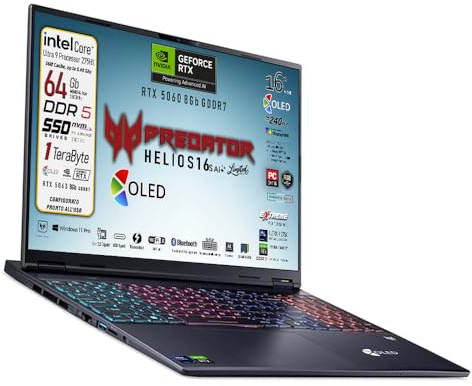 acer Predator Helios Neo 16s Ai, Notebook Gaming, Intel Ultra 9-275X, 24core, RAM DDR5 64Gb, SSD 1Tb, Display 16 Oled 240Hz, DCI-P3 100%, Geforce RTX 5060 8Gb, Win 11, Preconfigurato