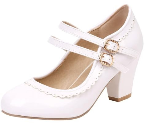 HSyc JRX Damen Lack Mary Jane Blockabsatz High Heels Pumps mit Spitze Elegant Schuhe 39.5