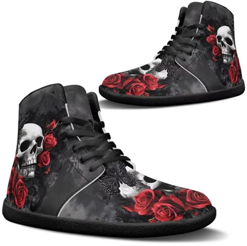 Jeiento Männer Goth Schädel Rose Barfuß Schuhe Laufschuhe Strand Sneaker Goth Schädel Rose Damen Trainer für Wandern Wandern Sport Reise Jogging Schuh High Top Lace Up,40 EU