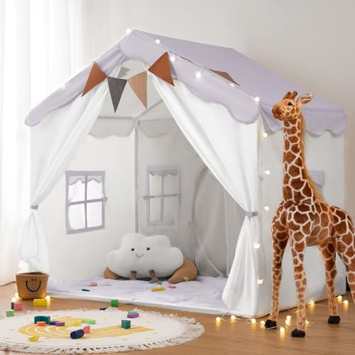 besrey Tente Enfant 2 en1, Cabane Enfant Intérieure avec Tapis Rembourré, Lumières et Drapeaux, Tente de Jeu pour Enfants Princesse, Idéal pour la Décoration de Chambre d'enfants et Fête (Lavande)