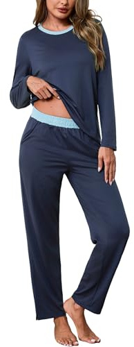 Crewhpo Pijama Mujer Invierno Cuello Redondo Conjunto de Pijamas Manga Larga Algodón Ropa de Dormir con Color Liso Camiseta y Pantalones