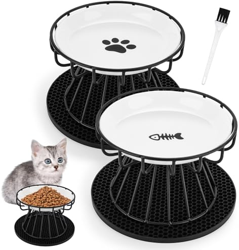 Comedero Gato Elevado,2 Piezas Comedero Perro con Marco Metálico,Cuencos para Gatos con Alfombrilla Antideslizante,Cepillo de Limpieza,Cuenco Plano Antivómitos,Comederos para Gatos y Perros Pequeño