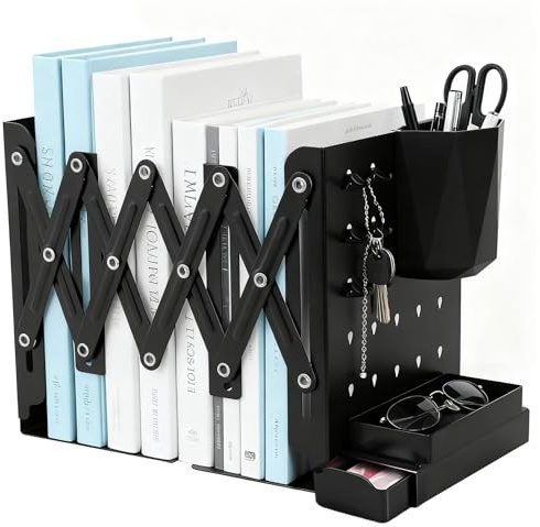 Fermalibri Regolabile Espandibile 11–49,5 cm in Metallo – Reggilibri da Scrivania con Portapenne Rimovibile, 6 Ganci e Vassoio – Antiscivolo per Libri, Quaderni e Raccoglitori, Nero