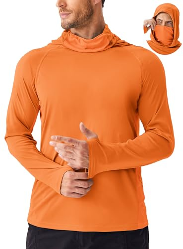 PINSPARK Sun Hoodie Mens UV SPF UPF 50+ Protection Shirts with Mask Quick Dry Lightweight Long Sleeve Rash Guard Fishing Hiking L Orange