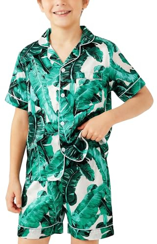 Hoseay Filles Garçons Ensemble Pyjama Hauts Manches Courtes et Bas Âge 8-13 | Taille Élastique, 2 Pièces, Satin Vêtement de Nuit, Doux, Léger, Boutonnés, Vêtements de Détente pour Enfants, Été