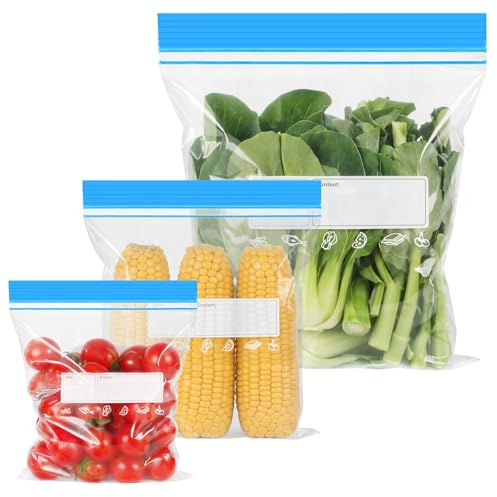AOOHA 70 Bolsas Congelación Zip Bolsas Para Congelar Alimentos,3 Tamaños,Reutilizables,Reutilizables con Cierre Hermético,Multiusos,Para Bocadillos de Carne Frutas y Verduras