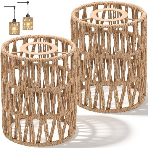 2 Piezas Pantalla Lampara Mesa Ratán, Tulipas Lamparas Cilíndrica Tejido Mano Boho para Lámparas Colgantes, Lámpara Techo, Lámpara Pie, Decor Interiores y Exteriores, Dormitorios, Salones y Pasillo
