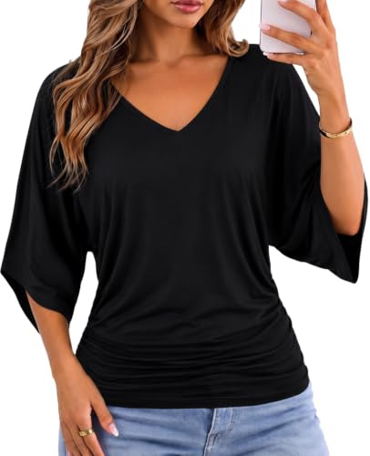 HAWILAND Women 3/4 Length Sleeve V Neck Tops Ladies Batwing Sleeve Cinched Waist Ruched Hem T Shirt Black Small