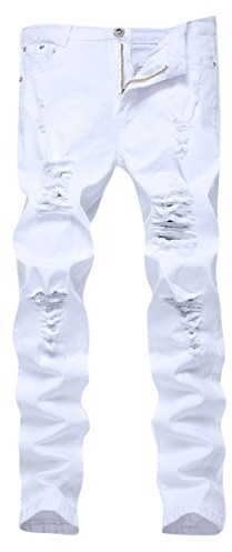 Men's White Skinny Slim Fit Ripped Distressed Destroyed Stretch Jeans Pants,White,34W