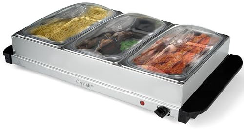 Crystals 300W Stainless Steel Electric Food Warmer 3 Pans with Clear Lids Buffet Server Hot Plate Tray