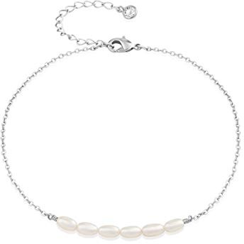 Freshwater Pearl Anklet,Sterling Silver 14K Silver Filled Boho Pearl Dainty Handmade Beaded Cute Tiny Charm Beach Ankle Bracelet Foot Chain Anklet for Women