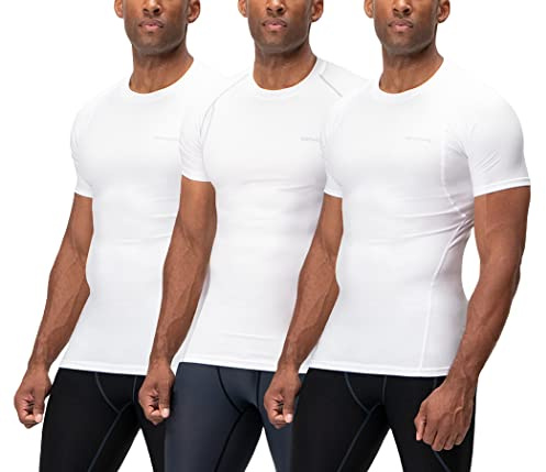 DEVOPS 3 Pack Men's Cool Dry Short Sleeve Compression Shirts, Sports Baselayer T-Shirts Tops, Athletic Workout Shirt (Medium, White/White/White)