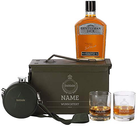 Herz & Heim® 5-tlg Jack Daniel's Gentleman Jack Whiskey Set 2 Gläsern mit Gravur, Feldflasche + Original Munitionskiste