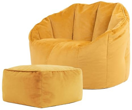 Icon Sirena Sitzsack Sessel mit Hocker für Erwachsene, Gelb, Flauschiger Samtstoff, Riesen Sitzsack Samt mit Füllung, Bean Bag Chair, Bequemer Sessel Wohnzimmer, Lounge, Schlafzimmer, Büro