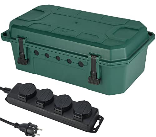 Electraline 300182 Wetterfeste Schutzbox für den Außenbereich, IP54, mit Steckdosenleiste, 4-fach, IP44, mit Kappe, 5 m Kabel, H05RR-F 3G1.5, grün, XL