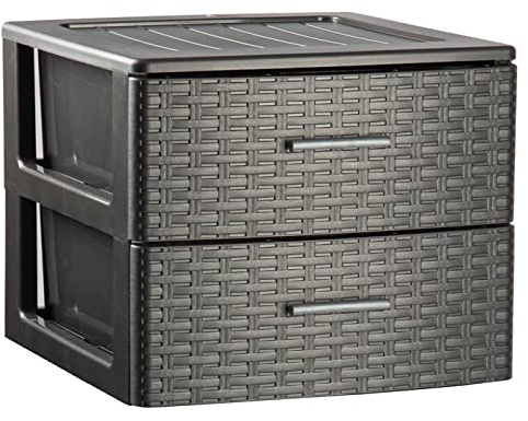 Tradineur - Cajonera de ordenación Rattan de plástico - 2 cajones - Torre de almacenaje multiusos, organizador auxiliar, almacenamiento, baño - 31,5 x 36,5 x 36,5 cm - Color Antracita