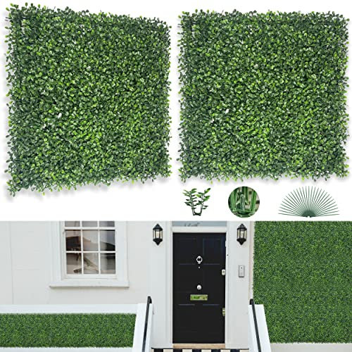 Bybeton Paneles de pared de césped de boj artificial, paquete de 12 paneles de pared de 20 x 20 pulgadas, protección contra rayos UV y vegetación para interiores y exteriores, protección de privacidad
