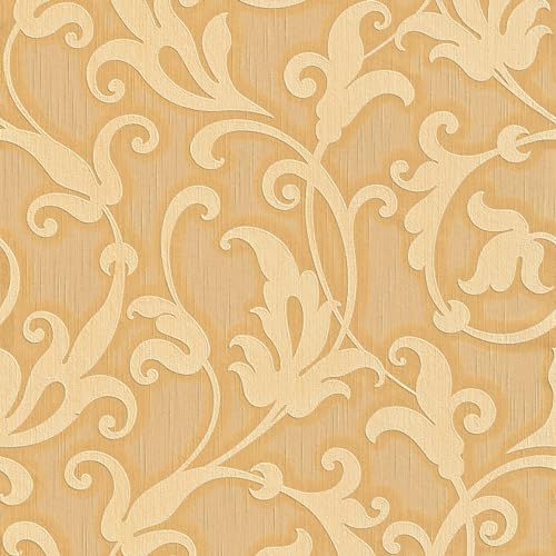 Textiloptik tapet Profhome 954903-GU textiltapet strukturerad i barockstil matt orange guld gul 5,33 m2