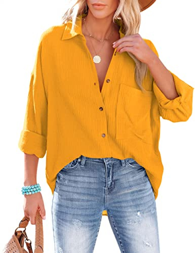 NONSAR Damblus, ledig skjorta med V-ringning, 100 % bomull, lös passform, solid, tjock topp, elegant med ficka, GUL, M
