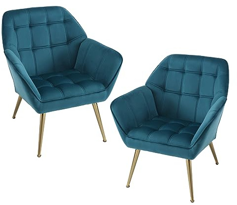 chairus 2PCS Butaca de Salón Terciopelo con Respaldo Ancho, Azul | Patas Doradas, Sillón Moderno, Con Brazos, Sofá Individual, Para Salón/Dormitorio