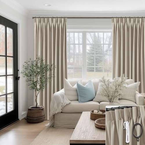 Taupe Pinch Pleated Linen Blackout Curtains 96 Inches Long 2 Panel Set for Bedroom Soundproof, Thermal Curtains for Living Room Winter Insulated, Noise Cancelling Sound Proof Curtains for Window