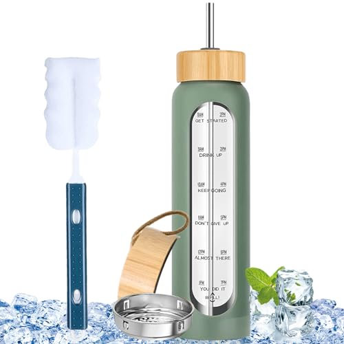 Vaileal 1L Trinkflasche, 1 Liter Glasflasche, Glas Bruchsicher Wasserflasche, Doppelte Abdeckung Glasflasche, Water Bottle, Glastrinkflasche mit Bambusdeckel Schutzhülle und Zeitmarkierungen (Grün)