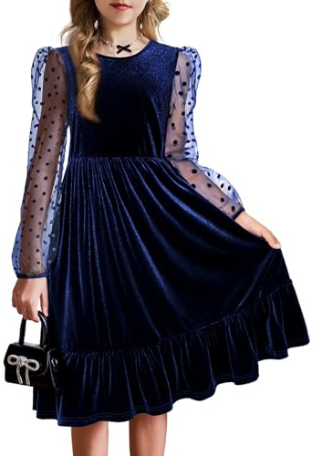Arshiner Vestido de Terciopelo para Niña - Manga Larga Informal con Volantes y Mangas Abullonadas - Vestido de Fiesta y Noche con Bolsillos - Azul 8-9 Años