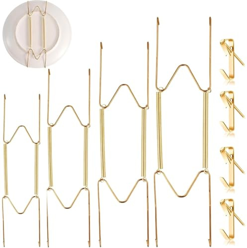 CSLGDMAI 4 PCS Plate Hangers for the Wall, 6/8/10/12 Inch | Plate Hanger W Shaped Spring Hook Holder，Decorative wall hooks for Decorative Plates and Art (Glod)