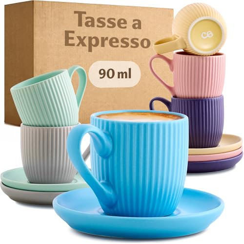 Cosumy Espresso Cups and Saucers - Set of 6 - Pastel matt - 90ml - Stripe Pattern Ceramic - Dishwasher Safe - Microwave Safe - Modern Demitasse Cup Set
