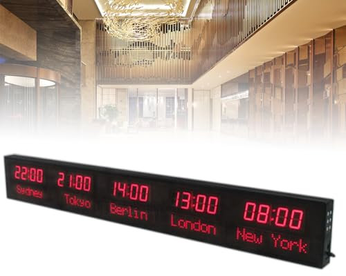 Horloge mondiale LED avec étalonnage automatique, 3 niveaux de luminosité, affichage 5 villes, idéal pour les hôtels, les aéroports et les entreprises