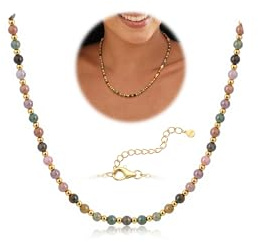ADRAMATA Beaded Necklace for Women Girls 5MM Natural Stone Necklaces 3MM Stainless Steel Bead Gold Plated Adjustable Handmade Crystal Necklace Summer Beach Boho Necklaces with Gift Box