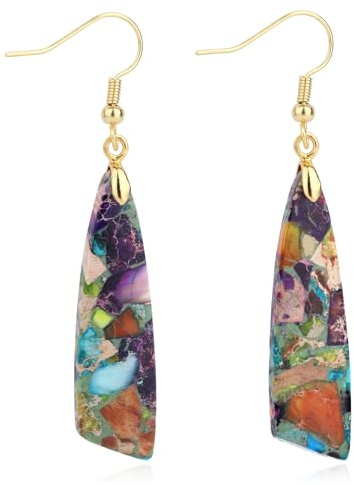 Jaspis Stein Ohrringe für Damen, Trendige Angelhaken Messerform Baumelnde Tropfenohrringe Boho Chic Naturstein Schmuck für Damen Modeschmuck Accessoires Geschenk (Lila Gold)