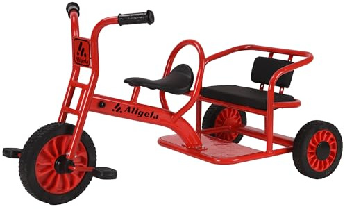 Aligela Preschool Tricycles for Kids Age 3-5 Years, Daycare Pdeal Tandem Trike 5 to 7 Year Old, Sturdy Carbon Steel Frame, Non-Slip Rubber Wheels, Outdoor Playgound Double Seat Tricycle, Red