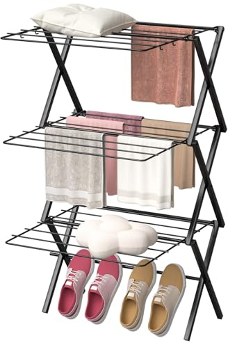 FOVVZDIL Foldable Clothes Drying Rack, 3-Tier Collapsible Indoor Clothes Horse Laundry - Space Saving Portable Clothes Airer for Home, Travel & Small Spaces (120cm)