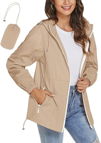 iWoo Raincoat Women Waterproof Jackets Ladies Lightweight Jackets Outdoor Summer Rain Coats for Hiking Travel Camping Khaki L